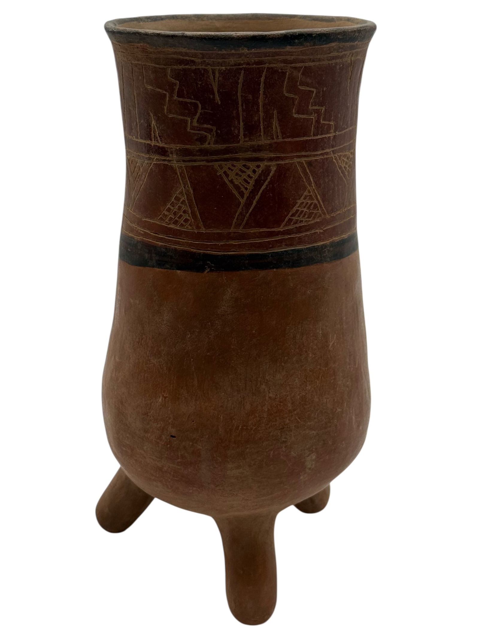 A Pre-Columbian Pottery Tripod Vessel: A Pre-Columbian Pottery Tripod VesselH: 10 inches W: 5 inches