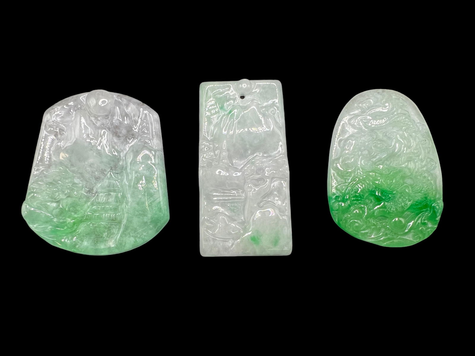 Set of 3 Jadeite / Green Stone Pendants / Plaques: Set of 3 Jadeite / Green Stone Pendants / PlaquesLargest Approximately: L: 2.13 inches (5.41 cm) W: 2.82 inches 7.16 cm) D: 0.64 inches (0.64 cm)