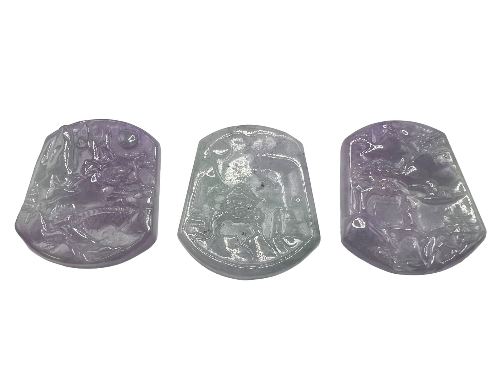 3 Lavender Jade / Purple Stone Pendants Plaques: 3 Lavender Jade / Purple Stone Pendants PlaquesLargest Approximately: L : 2.08 in ( 5.28 cm ) W : 1.72 in ( 4.37 cm ) D : 0.23 in ( 0.58 cm )