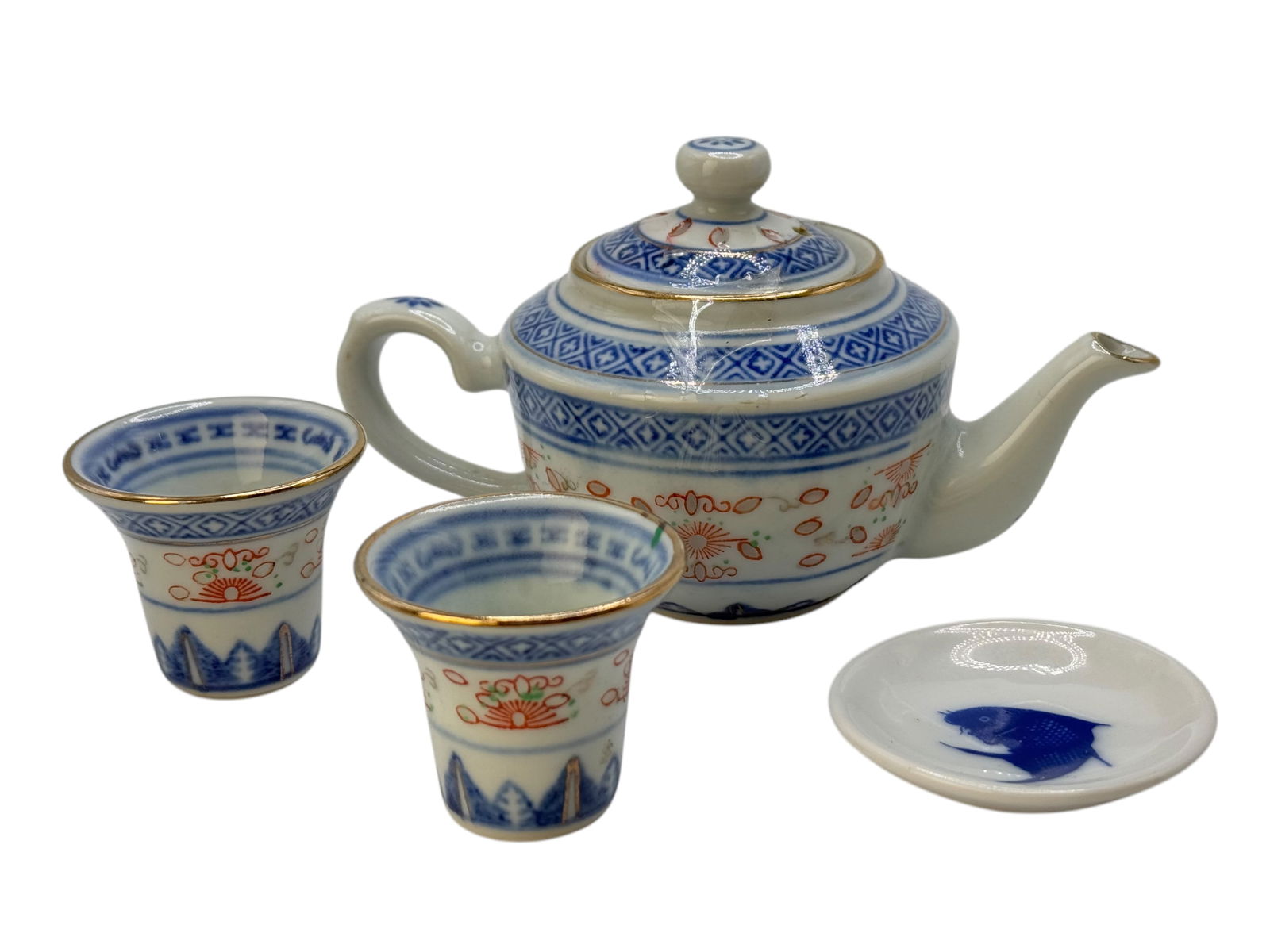 Group Chinese Blue and White Tea Pot and Cups (1 of 2)