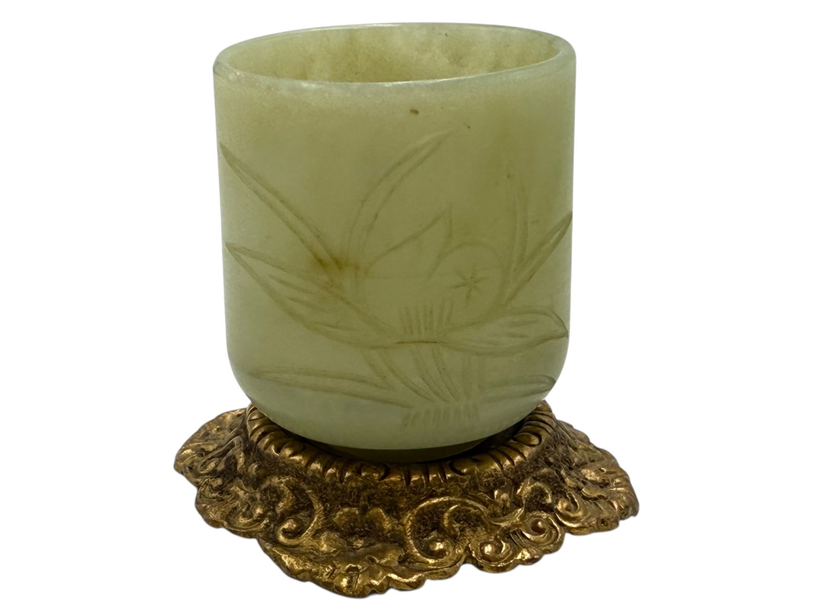 Jade Cup on Gilded Bronze Stand, Chinese Bamboo Mo (1 of 3)