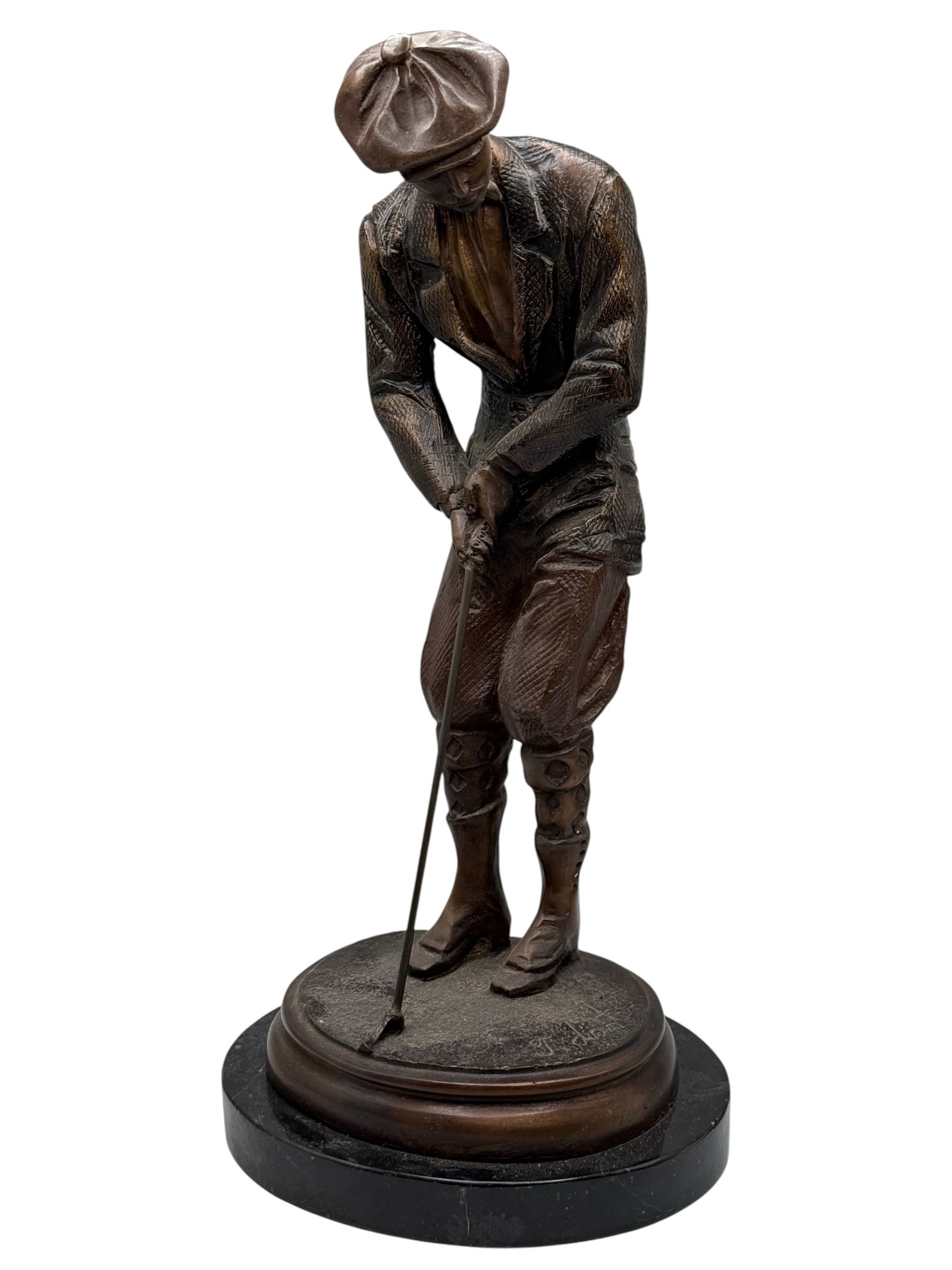 AFTER JOSEPH D'ASTE (ITALIAN 1872-1940).golfer: Modeled standing with a golf club, raised on a circular base. H: 13 inches W: 6 3/4 inches D: 4 1/2 inches