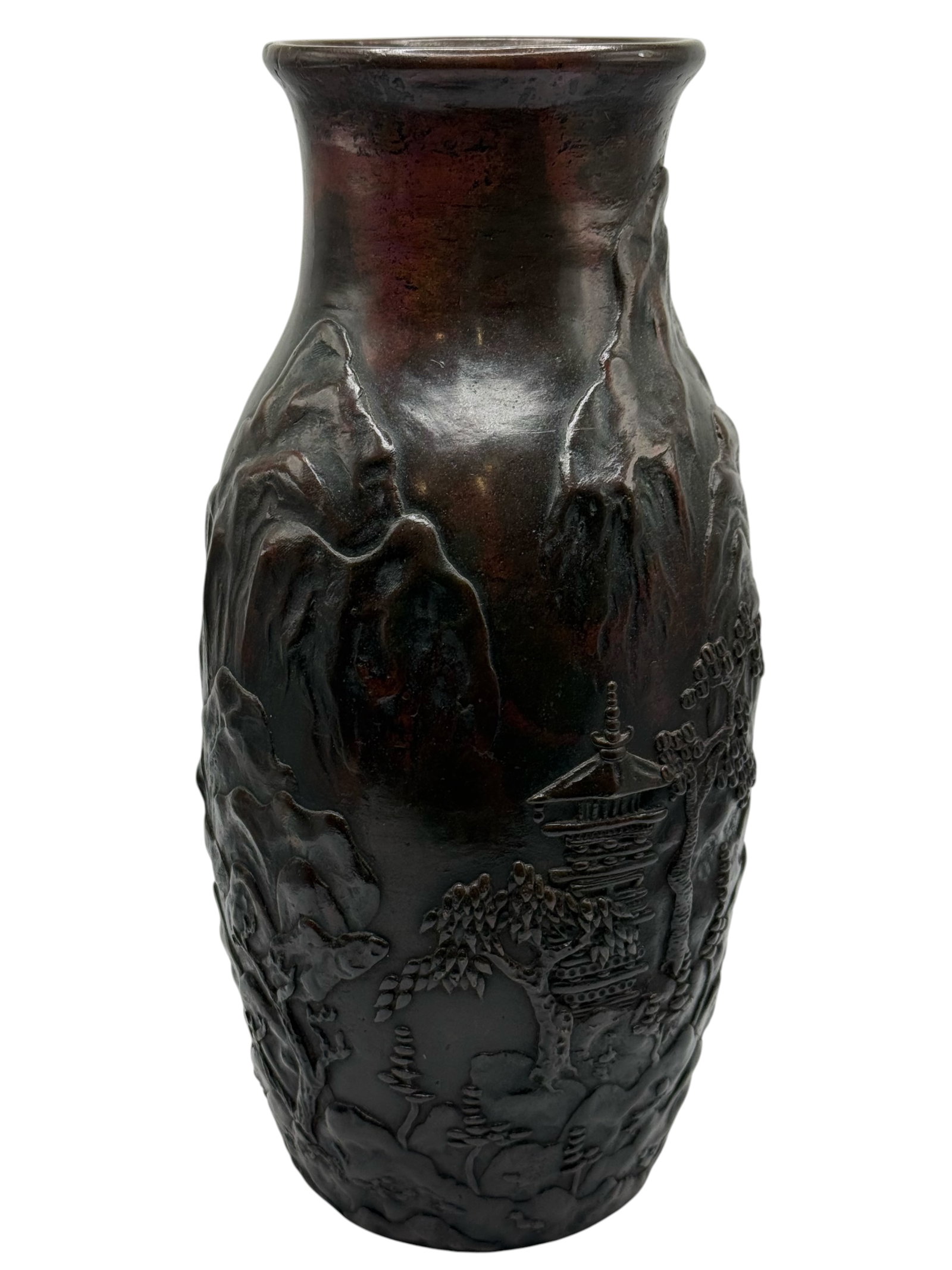 Japanese Bronze Vase, Meji Period: Cast in relief with a mountainous landscape, pavilion, and pine trees. H: 10 inches W: 4 1/2 inches