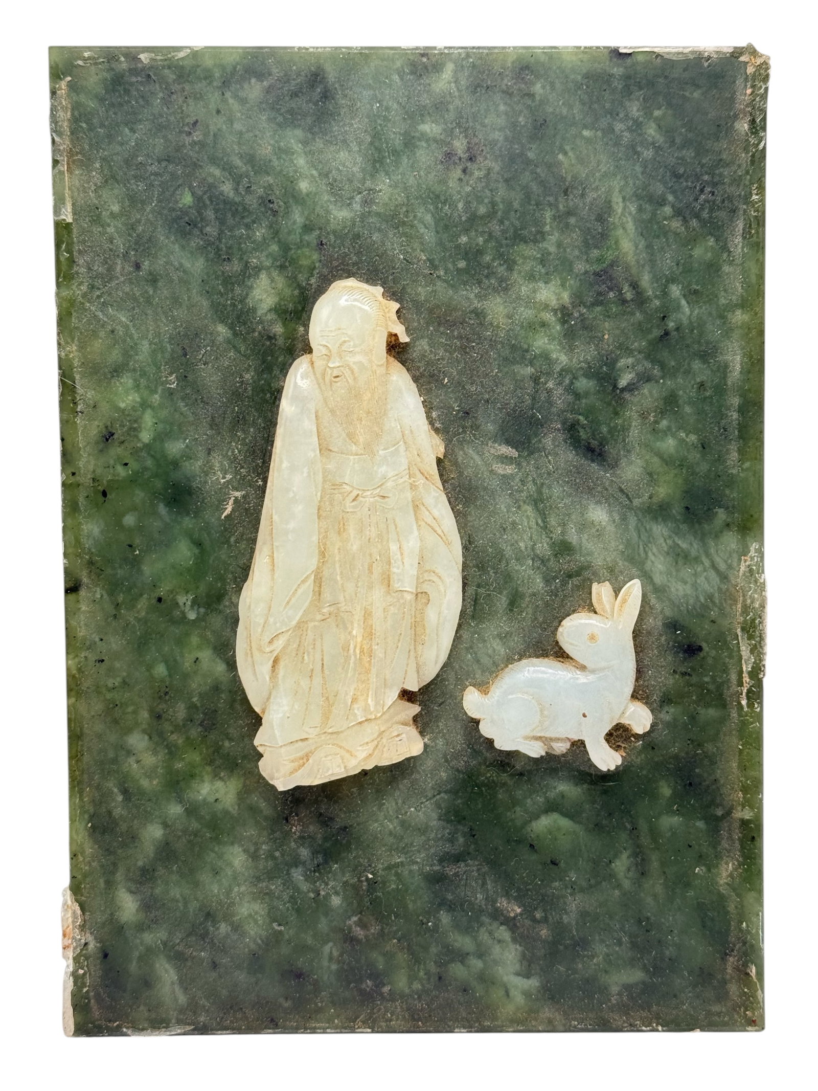 A Chinese Jadeite Plaque with White Jade Immortal: H: 6 1/2 inches W: 5 inches