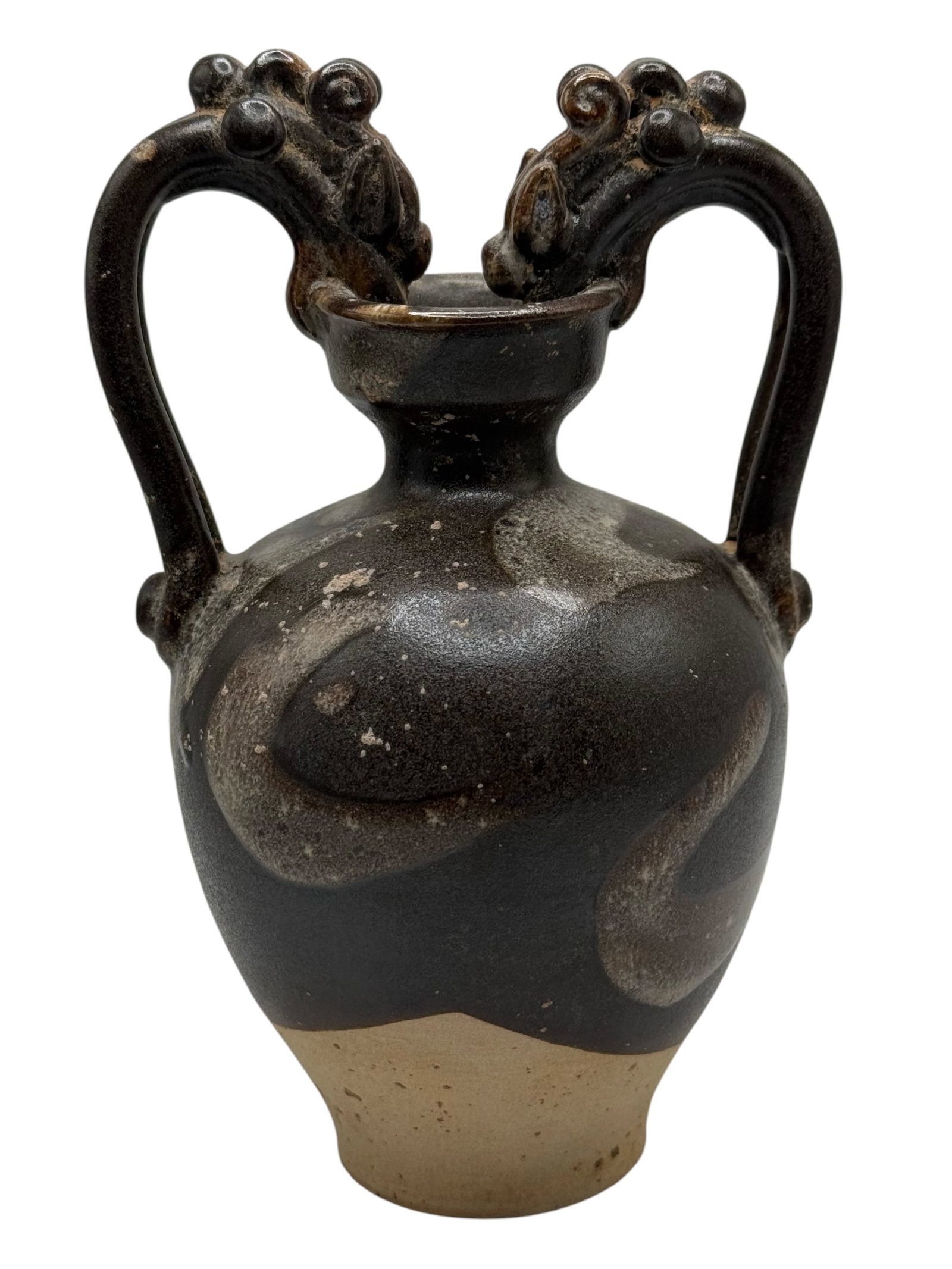 A Chinese Black-Glazed Twin-Handled Vase: Of baluster form with dragon-form loop handles and an unglazed lower body. H: 7 1/2 inches W: 4 1/2 inches