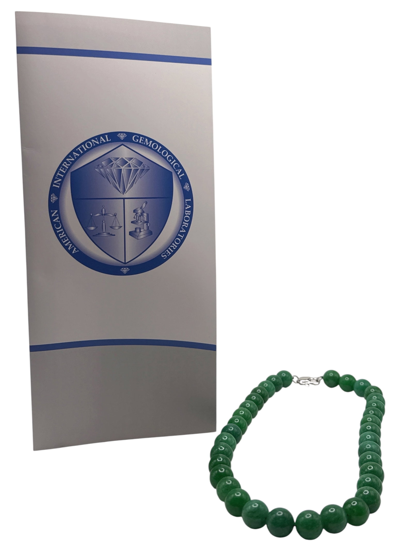 AIGL Report Jadeite Bead Necklace: Quantity: 35 Beads Average Diameter: 12.3 mm Weight: 88.5 grams