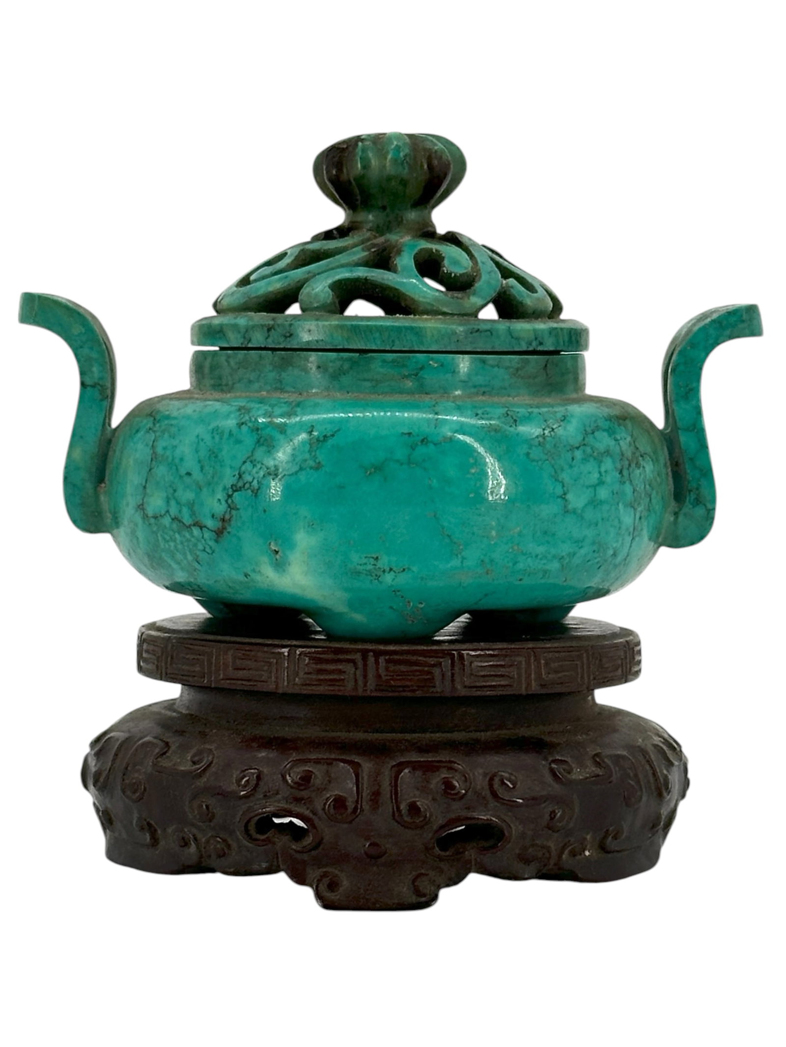 A Chinese Turquoise-Style Stone Censer and Cover w: Of compressed circular form with upright handles and a pierced cover, carved from turquoise-style stone and raised on a fitted wood stand. size : 3 1/4"H(incl.stand) * 3 1/4"* 2 1/2"