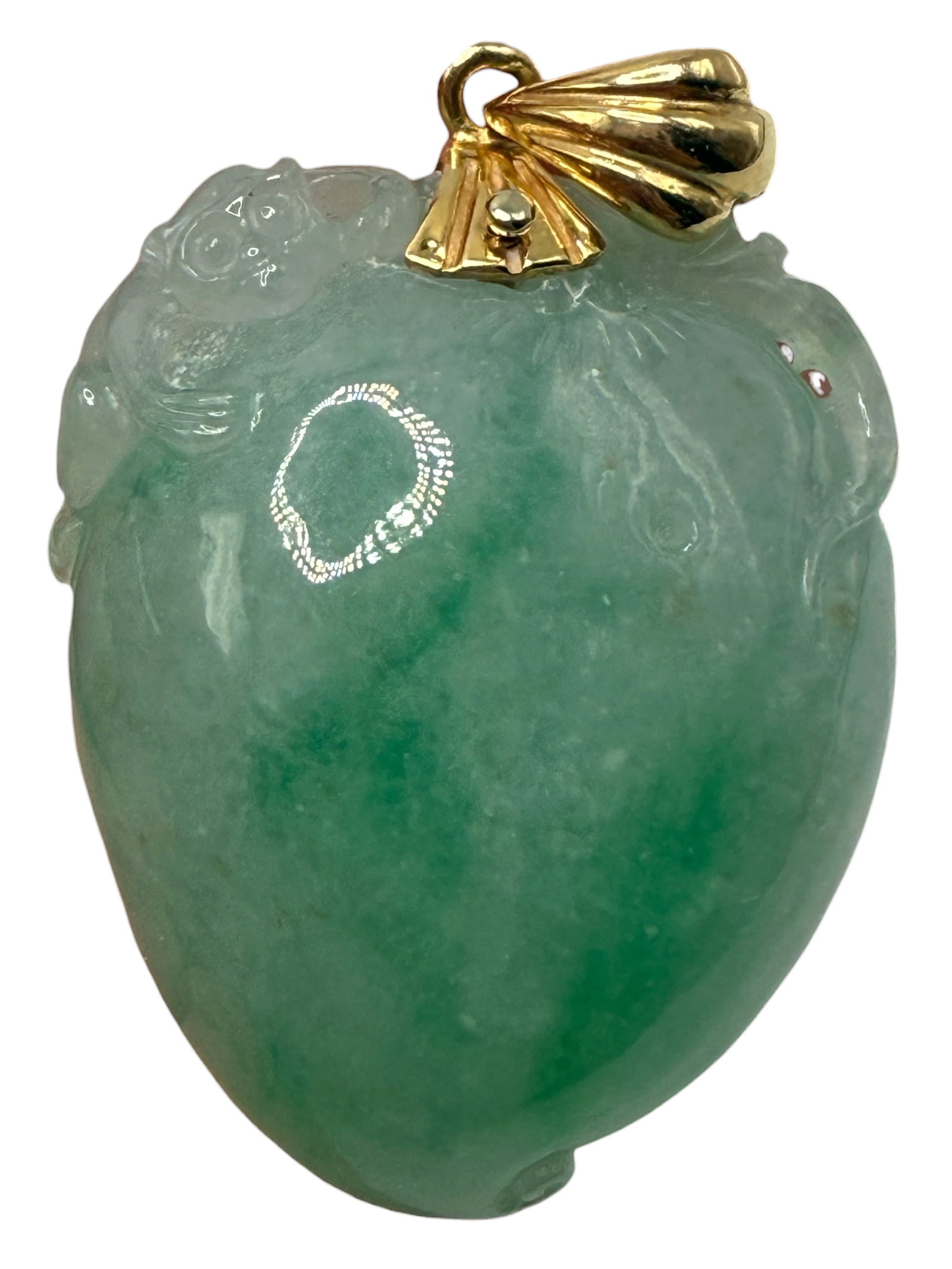 14k AIGL Report Chinese Jadeite GUANYIN Pendant: Length: 27.5 mm Max Width: 21.5 mm Max Thickness: 12.4 mm Weight: 14.9 grams