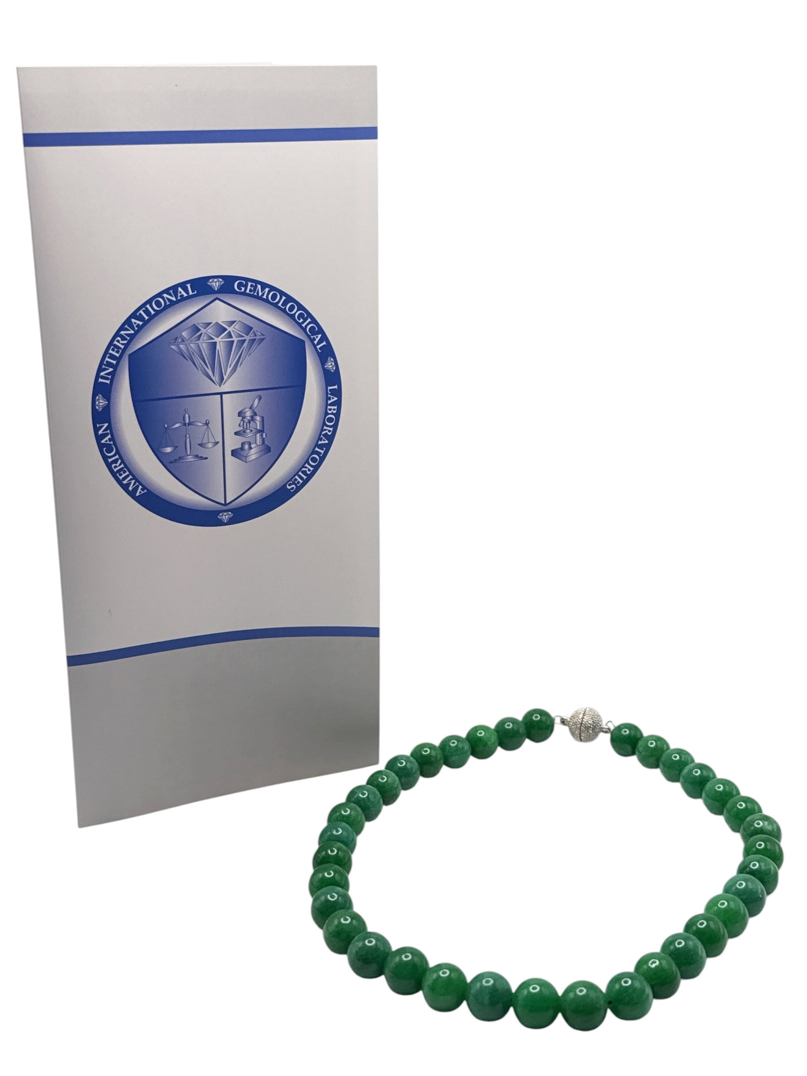 AIGL Report Jadeite Bead Necklace: Quantity: 35 Beads Average Diameter: 12.3 mm Weight: 95 grams