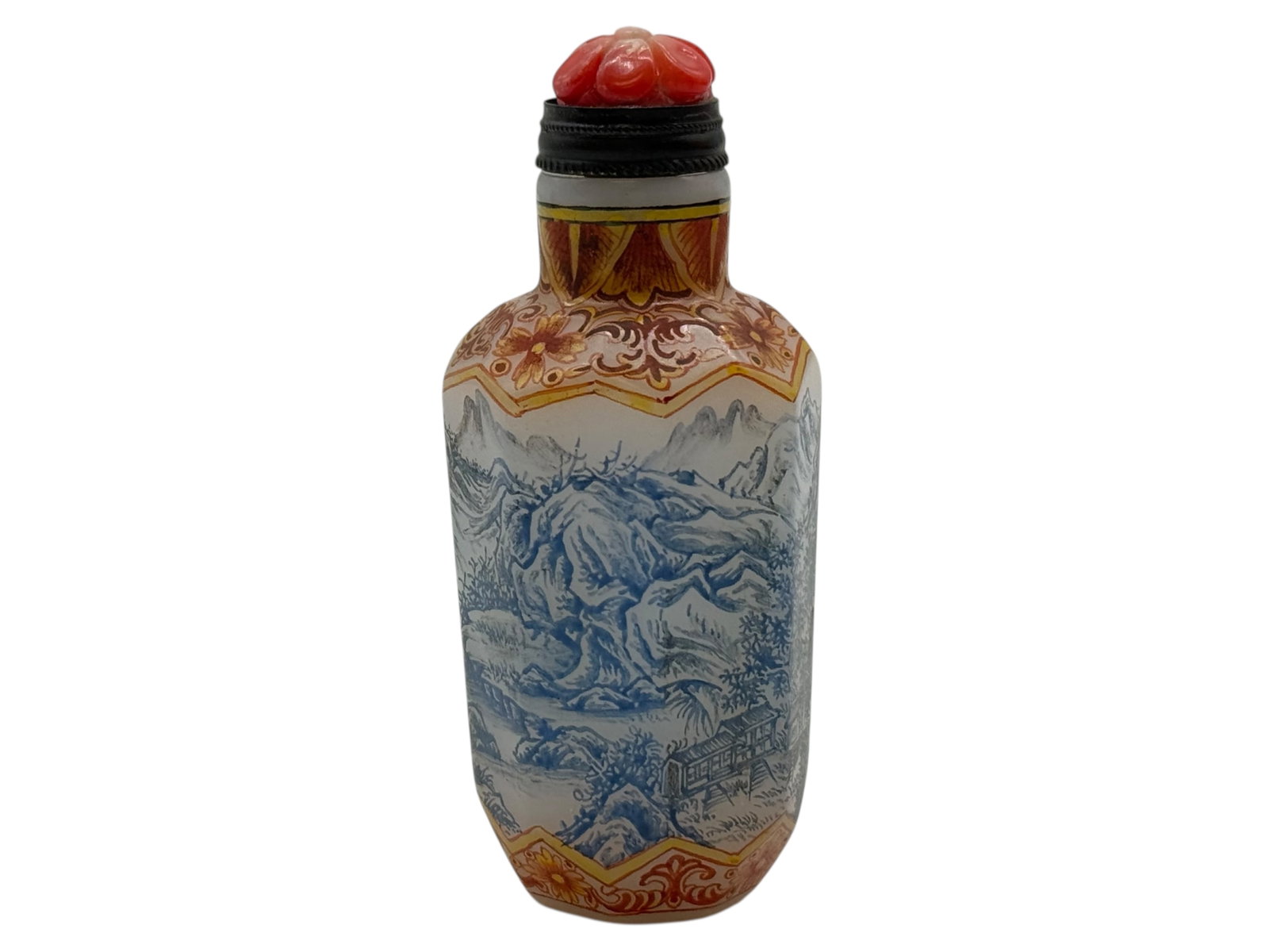 A Chinese Glass Snuff Bottle Painted with Landscap: Of octagonal form, painted in underglaze blue with a continuous mountainous landscape featuring scholars, pavilions, and trees, the shoulders and foot encircled by iron-red and gilt floral borders; th