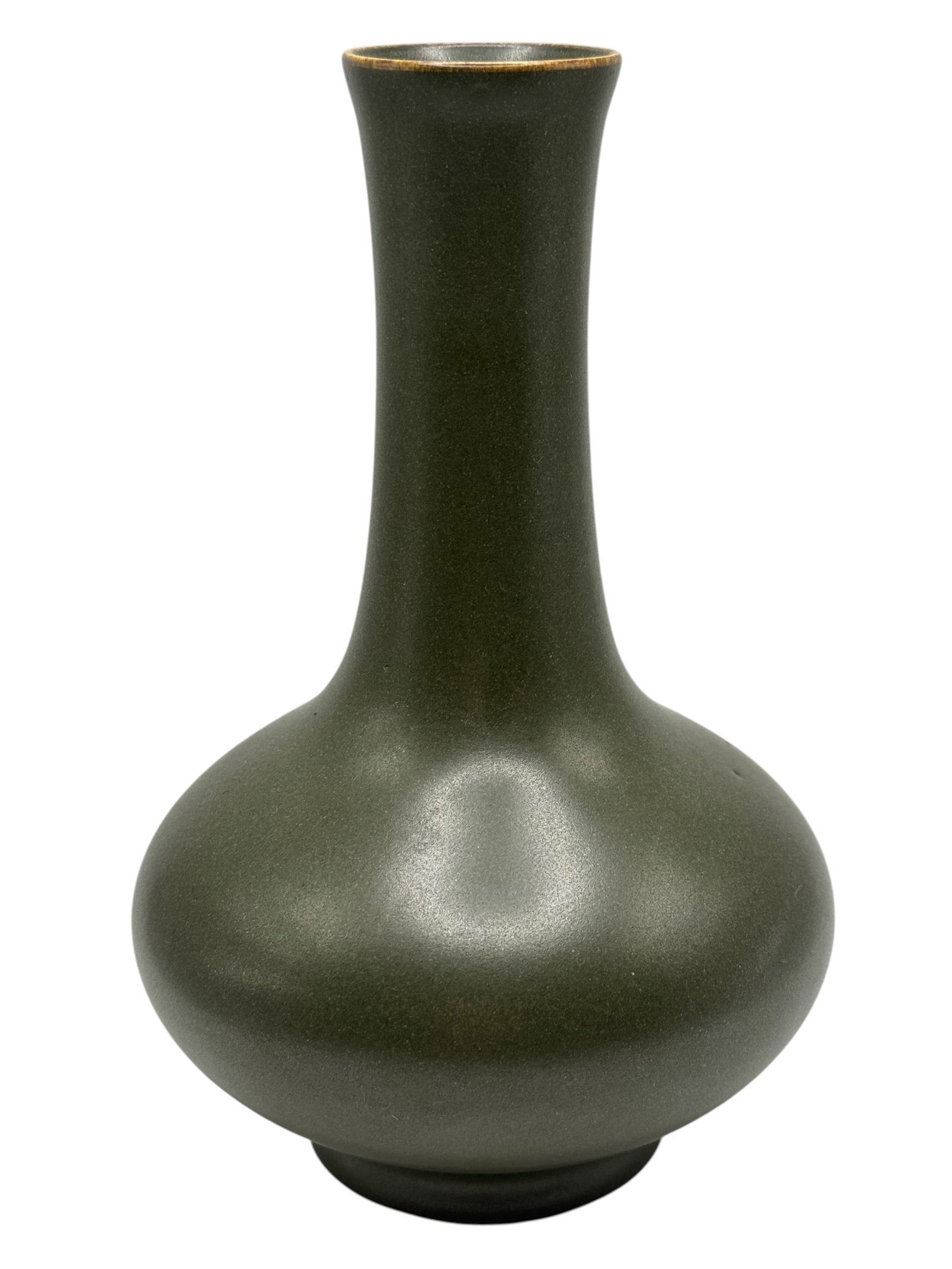 A Chinese Olive Tea-Dust Glaezed Bottle Vase: Of globular form with a tall cylindrical neck, covered overall in an olive-green glaze. H: 8 inches W: 5 1/2 inches