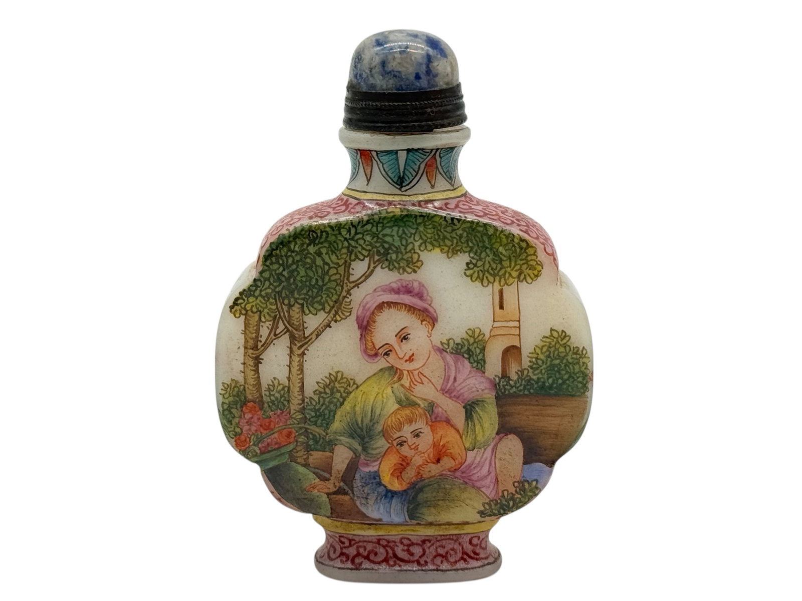 Chinese Glass Snuff Bottle with European Scene: Of flattened oval form, painted in polychrome enamels with a European figural scene, the reverse with floral decoration, the neck encircled by a decorative border; fitted with a hardstone stopper and 