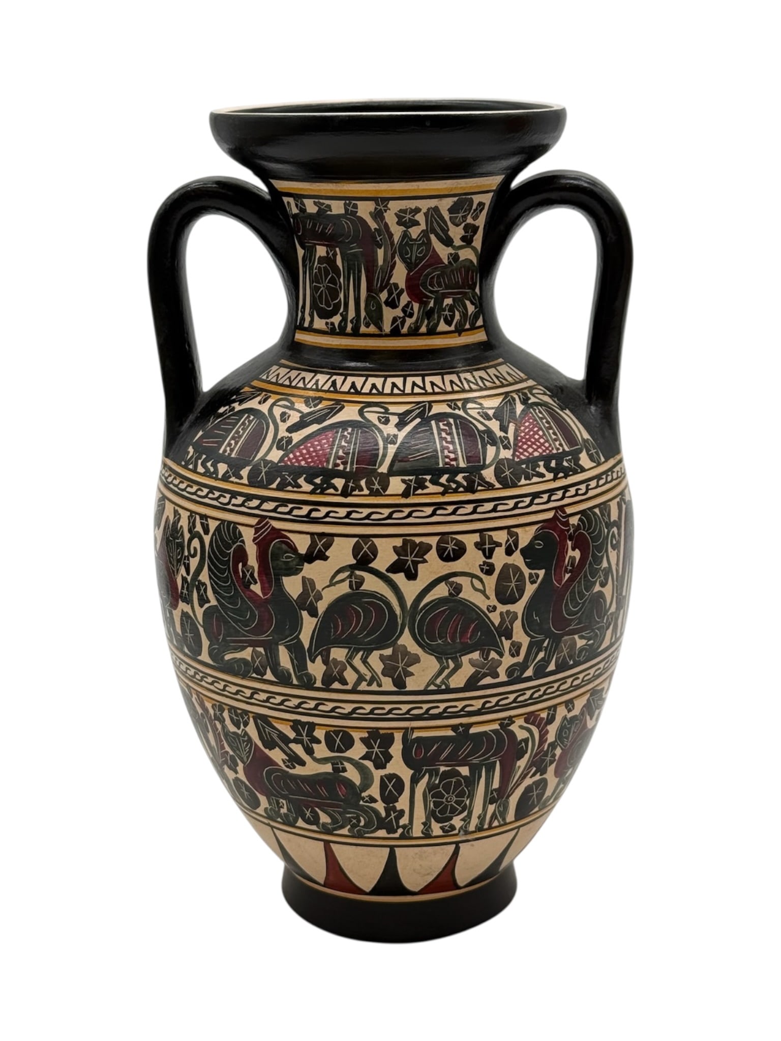 A Greek Black-Figure Style Two-Handled Amphora: H: 8 1/2 inches W: 5 inches