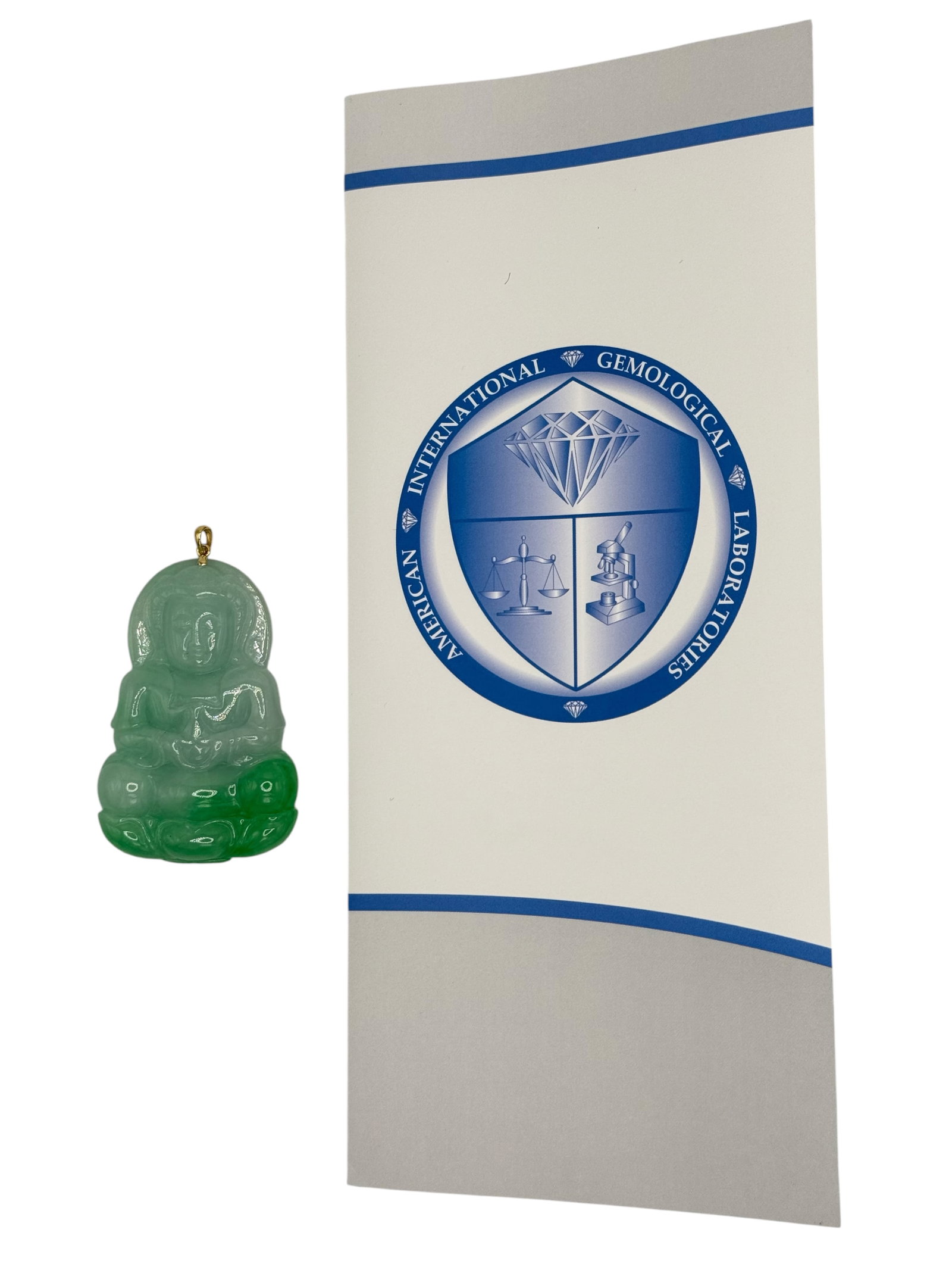 18k AIGL Report Chinese Jadeite GUANYIN Pendant: Length: 65.4 mm Max Width: 42.7 mm Max Thickness: 9 mm Weight: 43.0 grams