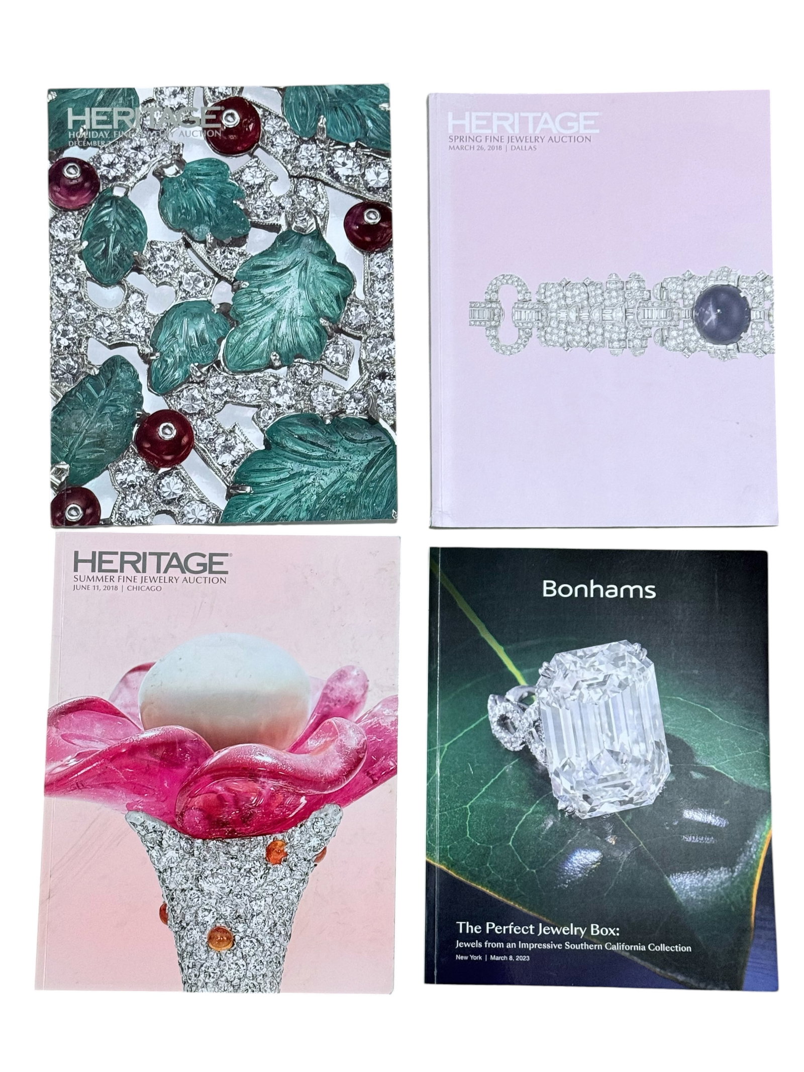 Group of Four Jewelry Bonhams Hertage Catalogues.: Comprising: (1) Heritage Auctions, 2017. Holiday Fine Jewelry Auction.(2) Heritage Auctions, 2018. Spring Fine Jewelry Auction. (3) Heritage Auctions, 2018. Summer Fine Jewelry Auction. (4) Bonhams,