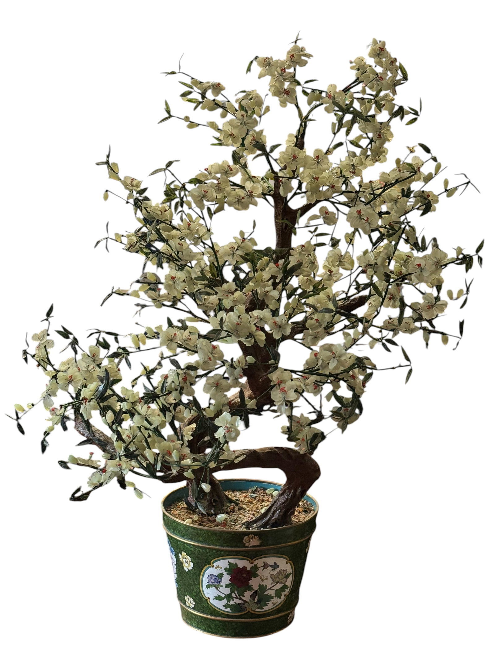A Chinese gem-set jade and enamel bonsai tree: Crafted with carved jade flower petals and leaves set into a trunk, anchored in a cloisonn? enamel planter decorated with floral panels. H: 50 inchesW: 33 1/2 inches
