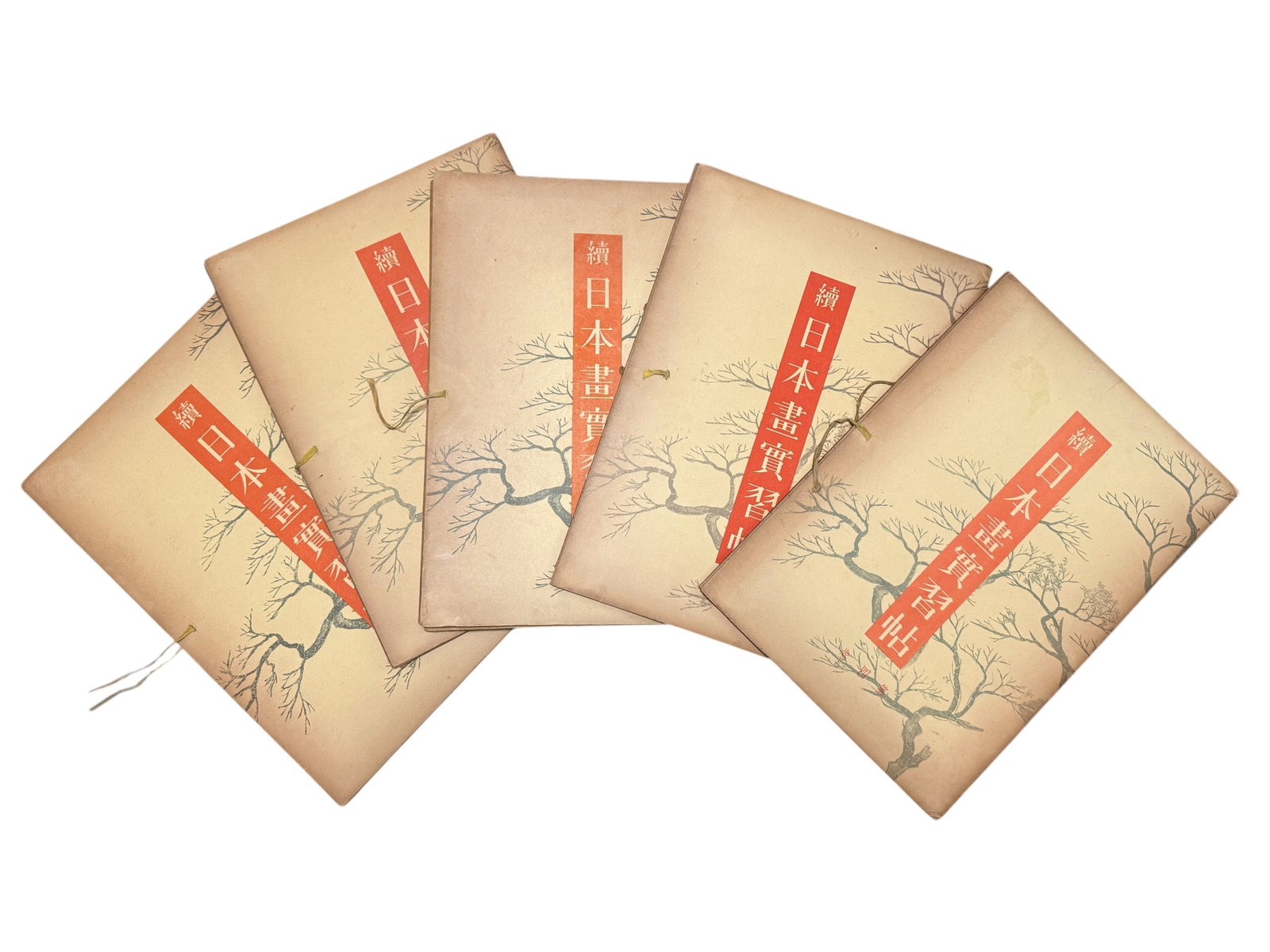 A group of five Japanese art practice books: Paperback volumes titled (Zoku Nihonga Jisshu-cho / Continued Japanese Painting Practice Notebooks), featuring pine tree woodblock illustrations on the covers.