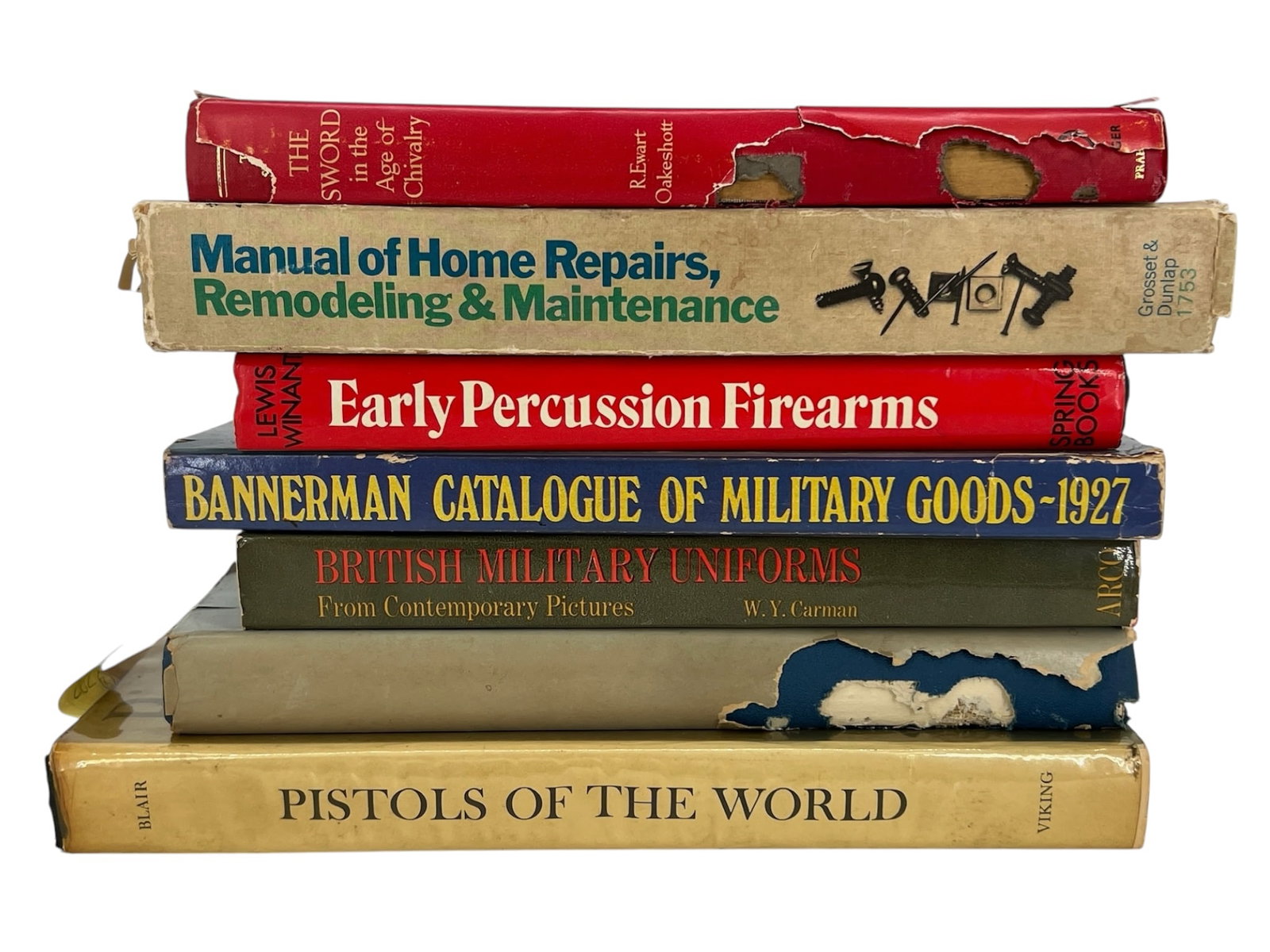 A collection of seven books on military history, f: Comprising hardcovers and paperbacks: R. Ewart Oakeshott, The Sword in the Age of Chivalry; Manual of Home Repairs, Remodeling & Maintenance (Grosset & Dunlap); Lewis Winant, Early Percussion Firearms