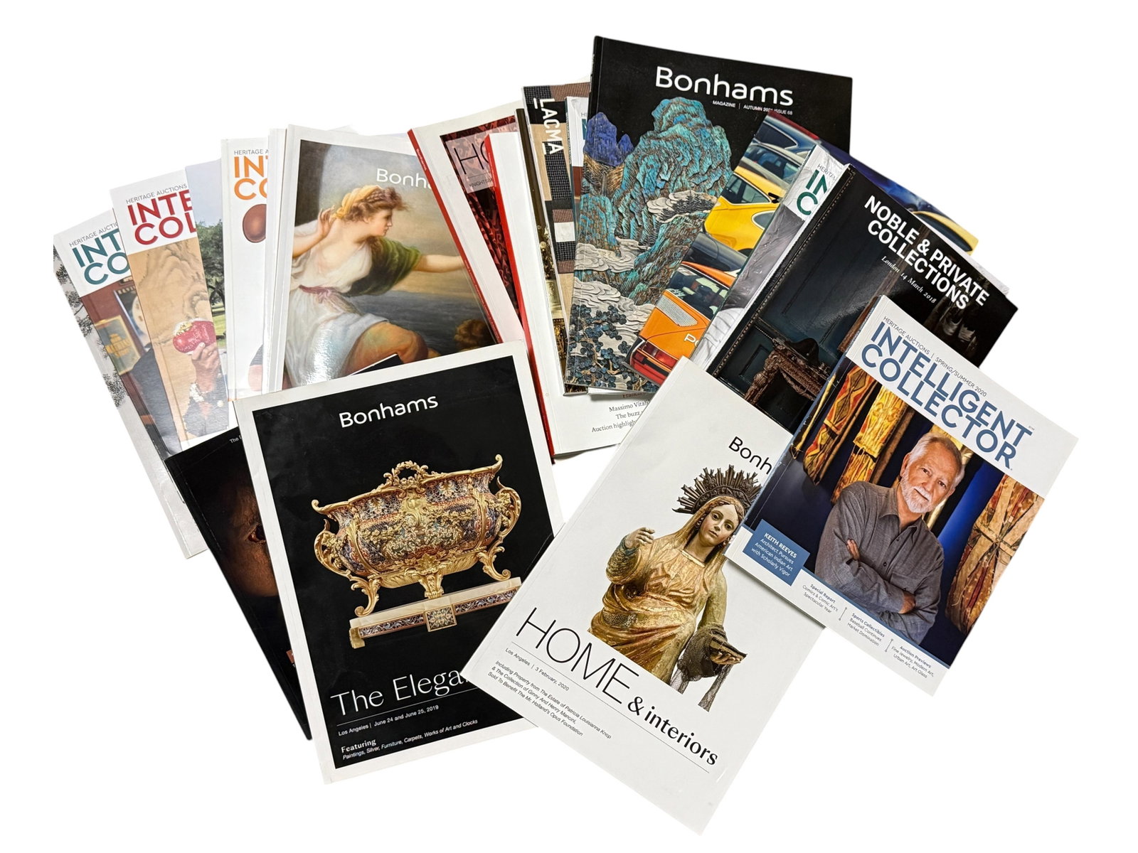A group of auction catalogues and art magazi: 1,Bonhams, The Elegant Home (Los Angeles, 25-26 March 2019) 2,Christie's, Asian Art Week (New York, 13-16 September 2016) 3,Heritage Auctions, Intelligent Collector (Fall2019, No. 40) 4,Bonhams, Two G