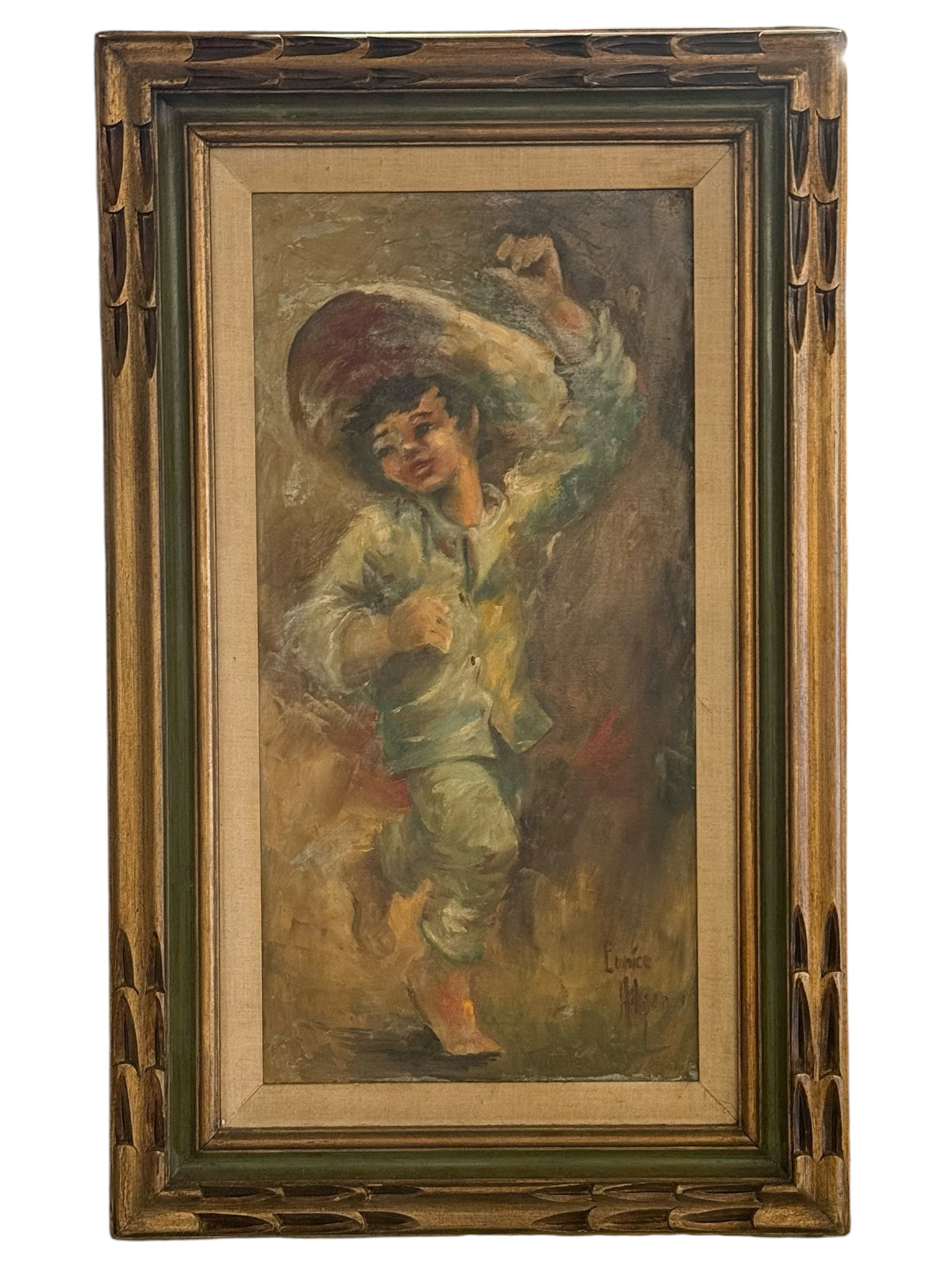 A oil painting of a dancing Mexican boy: A vertical oil painting portraying a young barefoot boy in traditional attire wearing a sombrero while dancing, H:31 inches W: 19 inches #7