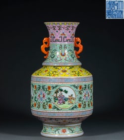 Qing Qianlong pastel flower figure story double ear figure