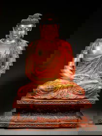 Carved wood lacquer gold and color Sakyamuni statue