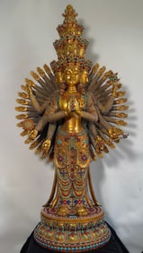 Gilt full inlaid pearl coral turquoise lapis thousand-hand Avalokitesvara