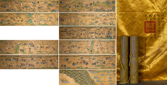Kangxi Zhou Peigong painted green landscape map up and down long volumes