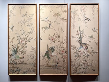 Late Qing Dynasty and Republic of China elegant flowers and birds Yue embroidery three screens