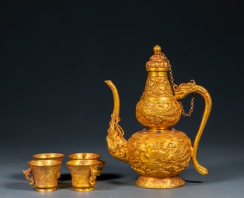 Silver gilt relief phoenix dragon head wine set