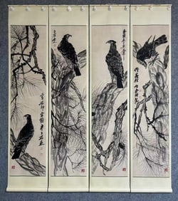 Qi Baishi pine eagle four screens
