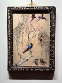 Qing Dynasty mahogany inlaid with mother-of-pearl Cantonese embroidered bird happy spring picture