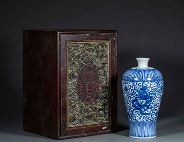 Dating back to the Jiajing period of the Ming Dynasty, this blue-and-white porcelain vase features a
