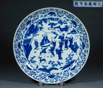Ming Wanli blue and white wish longevity map longevity word pattern appreciation plate