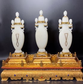 Gilt inlaid Hetian white jade a set of Buddha's first three treasures white jade vase