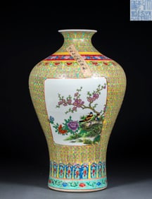 Clear powder enamel vase with flower and bird pattern and plum