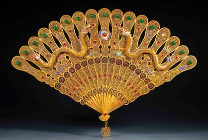 Clear wire inlaid double dragon fan