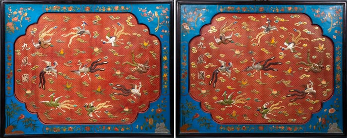 Clear rosewood inlaid with nine phoenix picture hanging screen pair