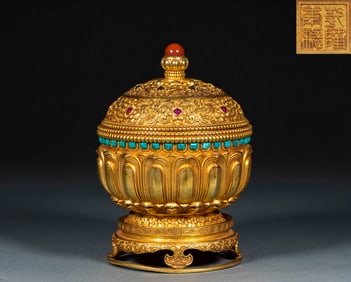 Qing Qianlong copper gold-plated inlaid incense furnace