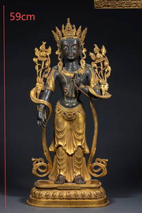 Gilt Tara Buddha Statue of the Qing Dynasty's Qianlong Period: The gilt bronze statue of Tara from the Qing Dynasty's Qianlong period: It is made of copper as the base material, cast using the lost-wax method and then gilded. Some parts are inlaid with gemstones.