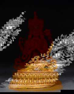 Qing Dynasty Gilt Four-Armed Avalokitesvara: A gilt-bronze four-armed Avalokitesvara seated statue of the Qing Dynasty: Made of copper and cast by the lost-wax method, the entire statue is gilded. The four-armed Avalokitesvara is depicted in the