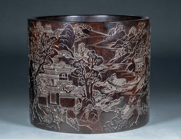 Zitan, relief carving, landscape, pavilions, terraces, buildings and figures, pen holder