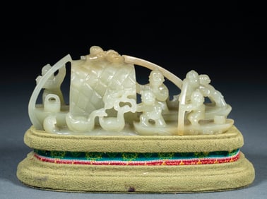 Hetian jade "Many Blessings and Longevity" child on a goose boat decorative piece