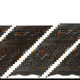 Small-leaf rosewood latticed "Dragon and Phoenix Presenting Auspiciousness" multi-compartment: A pair of small-leaf rosewood multi-compartment cabinets with carved dragon and phoenix patterns. Made of dense and hard small-leaf rosewood, the cabinet doors and bodies are decorated with intricate