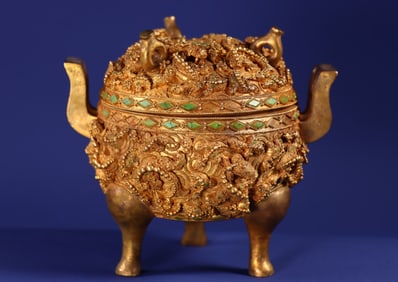 Ancient before Ming Dynasty: Gilt Silver, Inlaid Gemstone, Double-Eared Three-Legged Incense Burner