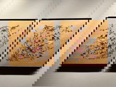 Champagne-Colored Cantonese Embroidery: Pair of Small Flower and Bird Works