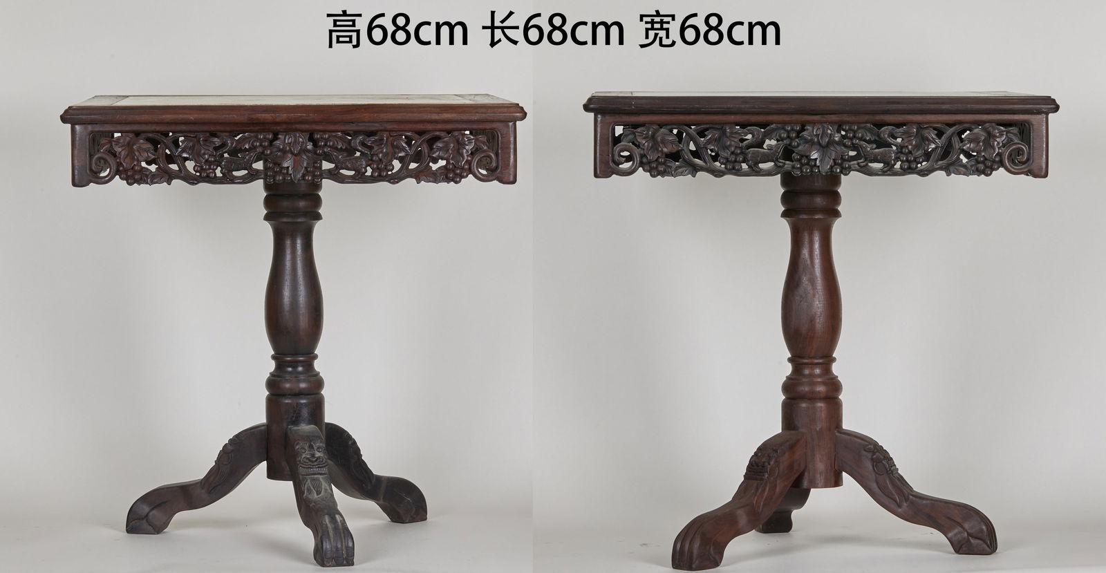 A pair of wooden coffee tables: A pair of wooden tea tables: Made of wood and featuring carving techniques, they are in the shape of tea tables. Judging from the style, they are likely from the Qing Dynasty or the Republic of China