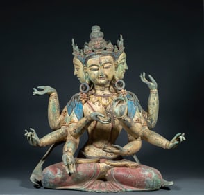 A copper-inlaid colored eight-armed Bodhisattva from before the Ming Dynasty