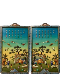 A pair of enamel-inlaid "Longevity of the Pine and Crane" figure screens