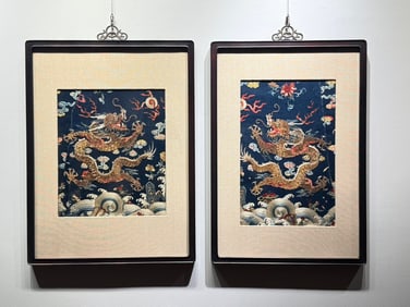 A pair of gold-threaded embroidered dragons from the mid to late Qing Dynasty